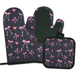 Heat Resistant Silicone Oven Mitts and Pot Holders Sets with Quilted Cotton Lining, Cute Black Bows Oven Gloves for Women Kitchen Cooking Baking Microwave