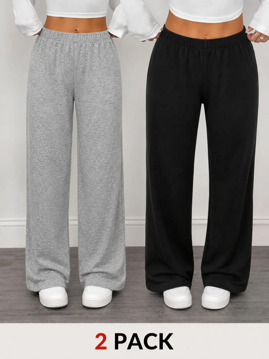 Girls 2-Pack Lightweight Wide Leg Pants for Teen Girls, Elastic Waist Pants for Back to School and Daily Wear