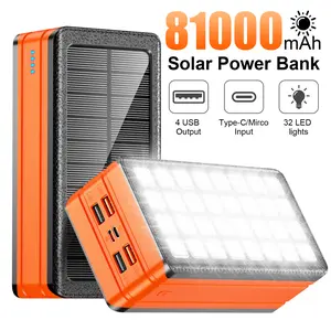 solar Power Bank 81000mAh Portable Charger USB-C in/Output PD 22.5W QC3.0 Solar Charger 5 Out Ports Battery Pack Built-in 32 Led Flashlights for iPhone Samsung Tablet Camping