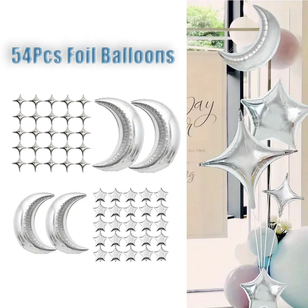 54pcs 10-Inch Shiny Silver Moon Star Aluminium Foil Balloon Set with Pump, Event Decoration for Birthday, Wedding, Anniversary Parties, Christmas