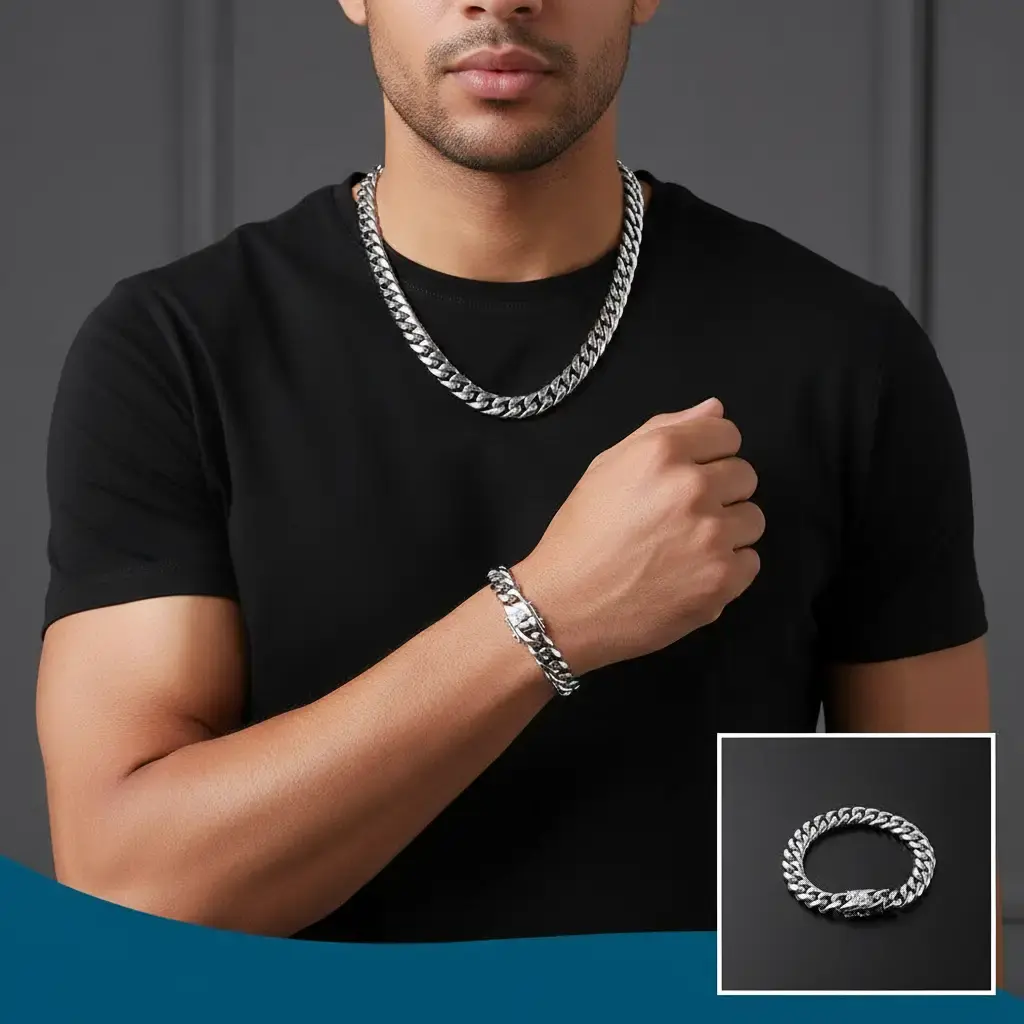 Mens Miami Cuban Link Chain Necklace 10mm Stainless Steel Curb Necklace with Design Buckle Chain Choker Necklace Bracelets7.5"-30"
