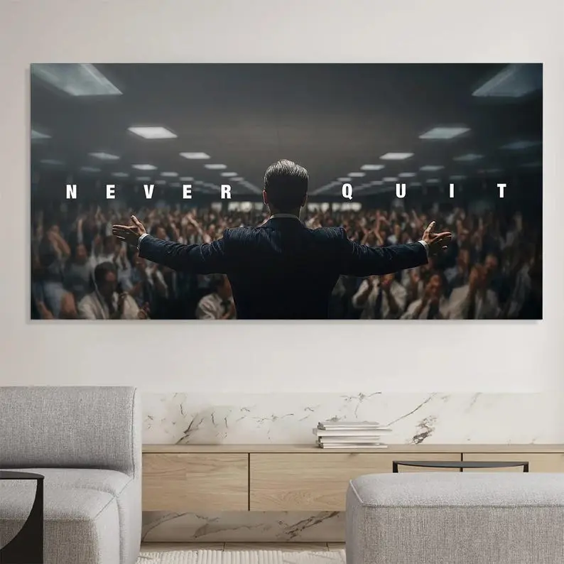 Wolf of Wall Street Never Quit Motivational Poster,  Wall Art Quote for Office Success Entrepreneur Decor Leadership