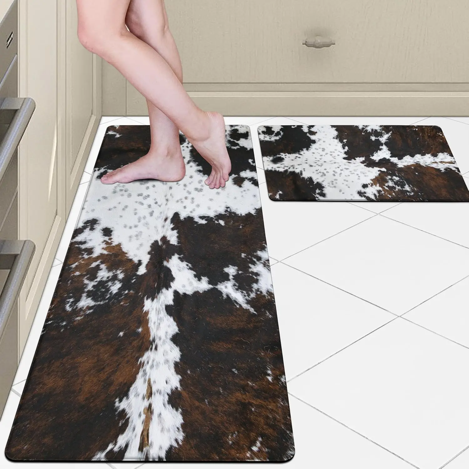 Cowhide Kitchen Rugs and Mats Set of 2 Western Kitchen Decor Anti  Cushioned Cow Kitchen Rugs Sets Non Slip  Kitchen Floor Mats for Sink Laundry (Black Brown, 17.5"x29.5"+17.5"x47")