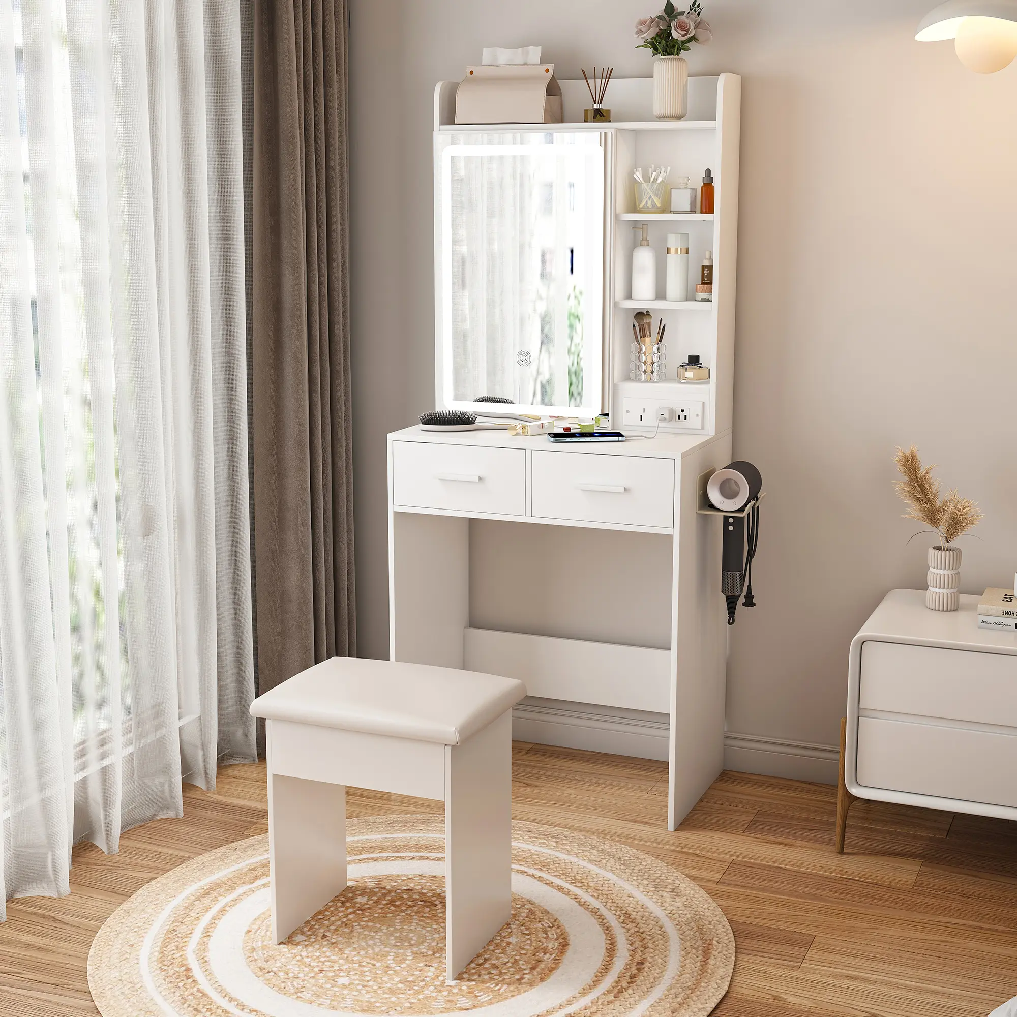 Small Makeup Vanity Desk with Mirror & Adjustable LED Lights,Built-in Power Outlet & Hidden Storage, Includes padded stool & Shelf,Space-Saving Dressing Table for Small Bedrooms,White