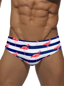 Men'S Athletic Triangle Print Swim Trunks, Summer Beach Swimming Briefs - Featuring Stylish Striped Flamingo Print, These Swimming Briefs Are Perfect For Summer Beach Outings. They Offer Excellent Support And Designed To Reduce Drag Speed Up Drying,