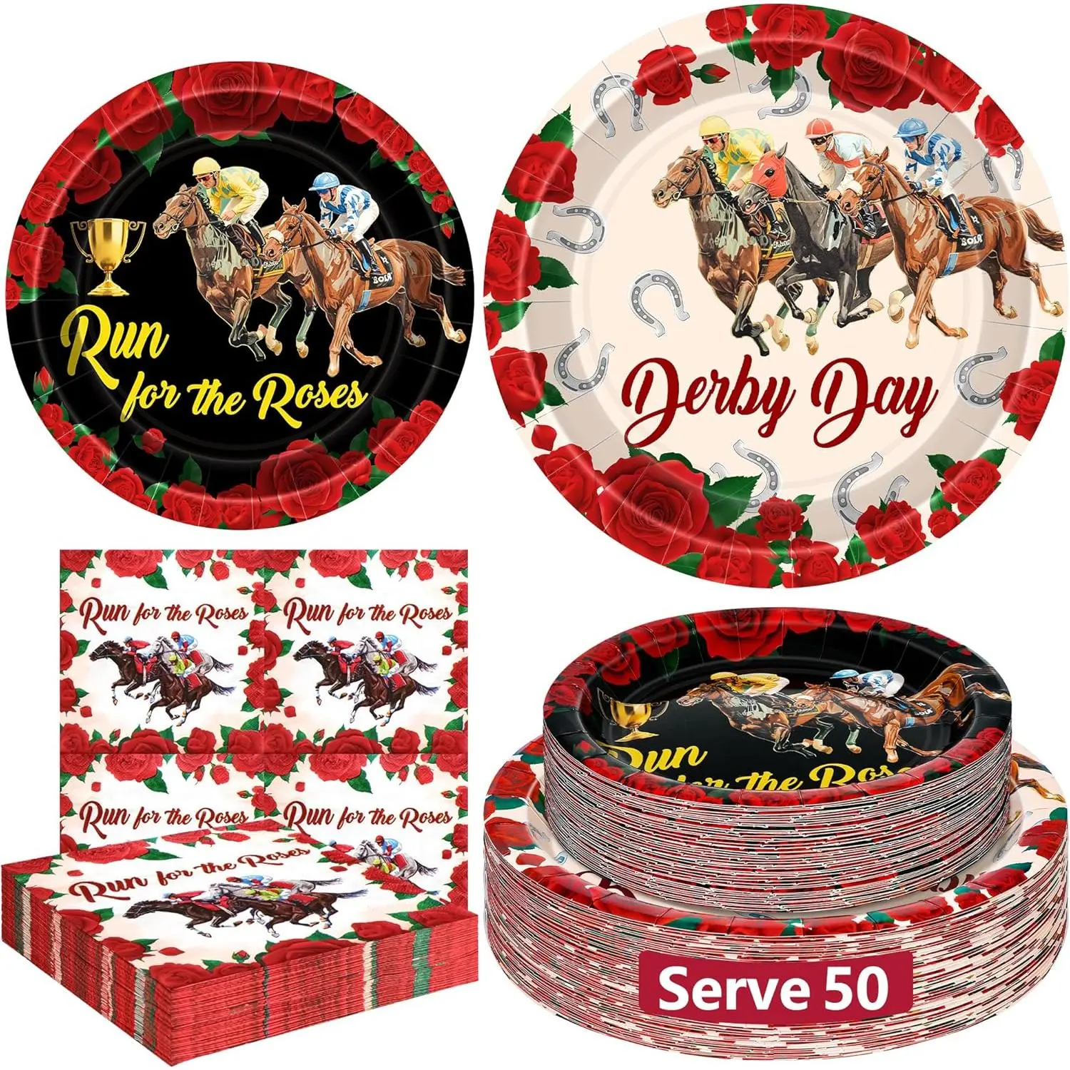 QZYL 150 PCS Derby Plates and Napkins Set, Derby Party Supplies Disposable Horse Napkins Dinner Paper Plates, Run for The Roses Tableware Kentucky Horse De