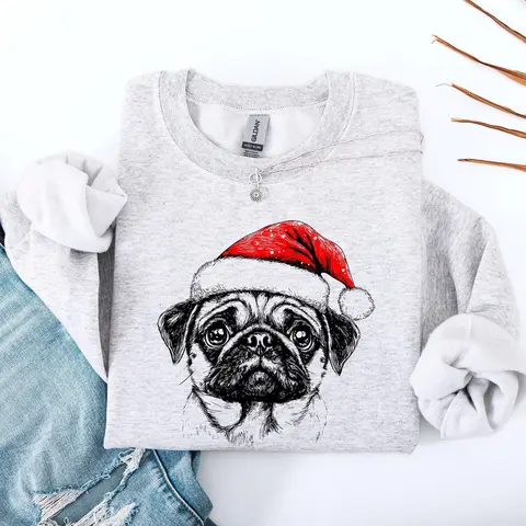 Festive Pug Santa Christmas Dog Lover Holiday Pals Pattern Cozy Fleece Sweatshirt, Crew Neck, Women's, Crewneck