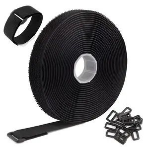Reusable Nylon Fixed Velcro Straps 2.5cm Wide, Adjustable Self-Adhesive Tie Straps with Plastic Buckles, 5m Long, 25 Pieces