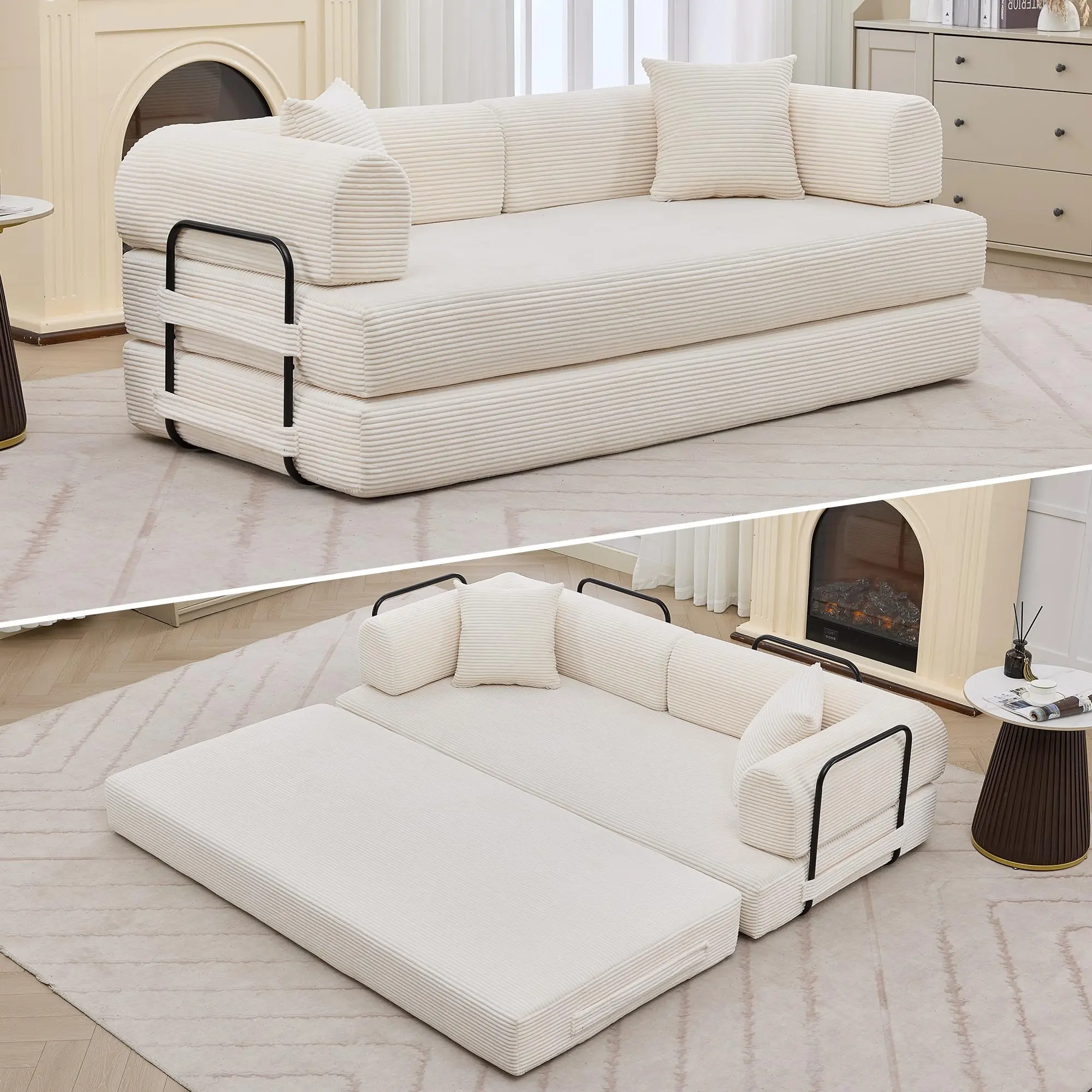 Garvee 78'' 4-in-1 Corduroy Comfy Sofa Couch - Foldable Sleeper with Pillows, Pull-Out Sofa Mattress, Boneless Floor Loveseat, No Assembly Needed, Beige for Living Room Bedroom