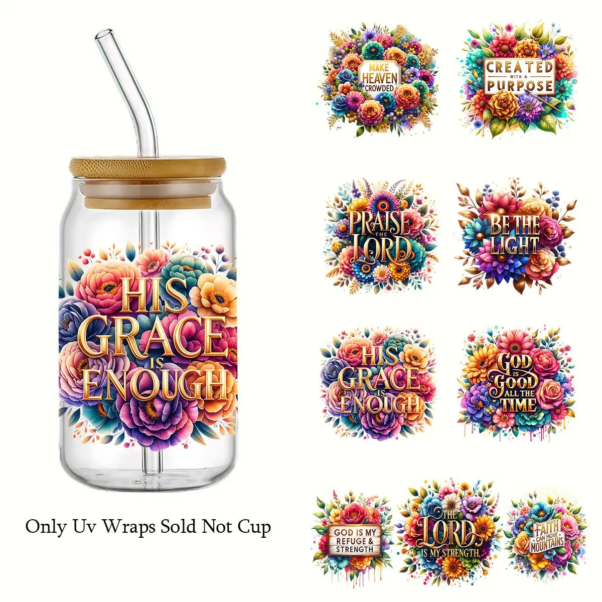 Inspirational Floral Vinyl Sticker Decals, 4 Counts/set UV DTF Transfer Sticker, Non-fade Cup Wraps, DIY Crafts for Glassware