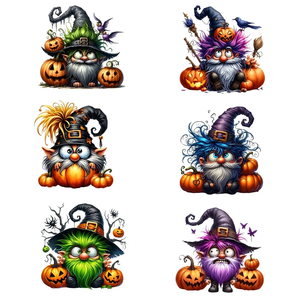 6 Cartoon Dwarf Iron-On Transfers, Pumpkin & Wizard Hat Style Vinyl Patches, Washable DIY Decorations for Sewing, Crafts, Fashion, Halloween