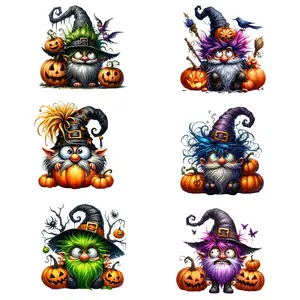 6 Cartoon Dwarf Iron-On Transfers, Pumpkin & Wizard Hat Style Vinyl Patches, Washable DIY Decorations for Sewing, Crafts, Fashion, Halloween