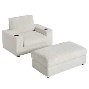 42×53×33.5 Inch Beige Faux Rabbit Fur Single Sofa with Ottoman, 330 LBS High Capacity Pocket Spring Chaise Lounge, Multi Storage Armrest Hidden Compartment Accent Chair for Living Room Bedroom