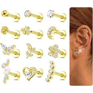 YADOCA 12Pcs 16G Tragus Earrings for Women Cartilage Earring Flat Back Stainless Steel Top Screw CZ Butterfly Bee Flower Moon Heart Flatback Stud Earrings Labret Conch Helix Cartilage Tragus Piercing Jewelry Set