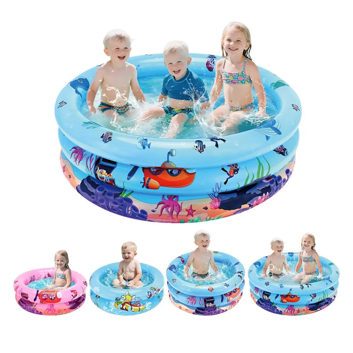 Inflatable Swimming Pool Ocean Animal Pattern Triple Ring Thickened, Family Water Play Fishing Multi-Function Portable Pool Kiddie Swimming Pool Inflatable Splash Pool Blow Up Pool