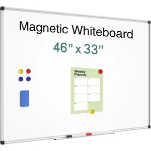 Magnetic Dry Erase Whiteboard 46 x 33 Inch Large Wall-Mounted Board with Silver Aluminum Frame 1 Magnetic Eraser 2 Pens Detachable Marker Tray 6 Magnets