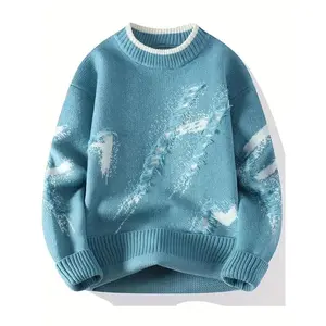 Men's Loose Fit Color Block Frayed Knitted Pullover Sweater - Soft, Casual, Long Sleeve, Crew Neck, Perfect for Fall and Winter - Easy to Match, Versatile, and Warm