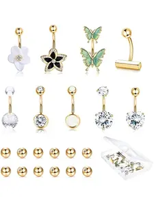 10PCS 14G Surgical Steel Navel Piercing for Women, Short Belly Piercing Jewelry, Butterfly Flower CZ Navel Piercing, Floating Navel Ring with Box