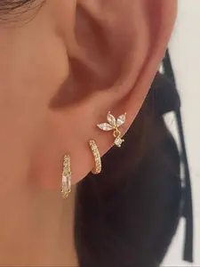 Cute Lotus Flower Earrings Set, Mini Studs with Artificial Zirconia Inlay, 3 Pairs Per Set, Fashion Jewelry for Women, Hoop Earrings, Durable Copper