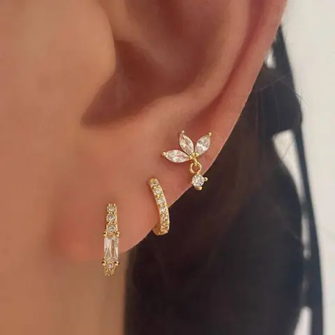 Cute Lotus Flower Earrings Set, Mini Studs with Artificial Zirconia Inlay, 3 Pairs Per Set, Fashion Jewelry for Women, Hoop Earrings, Fashionable Earrings, Durable Copper, Copper Inlaid Zircon