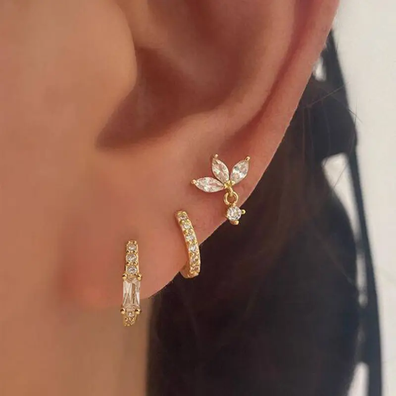 Cute Lotus Flower Earrings Set, Mini Studs with Artificial Zirconia Inlay, 3 Pairs Per Set, Fashion Jewelry for Women, Hoop Earrings, Fashionable Earrings, Durable Copper, Copper Inlaid Zircon