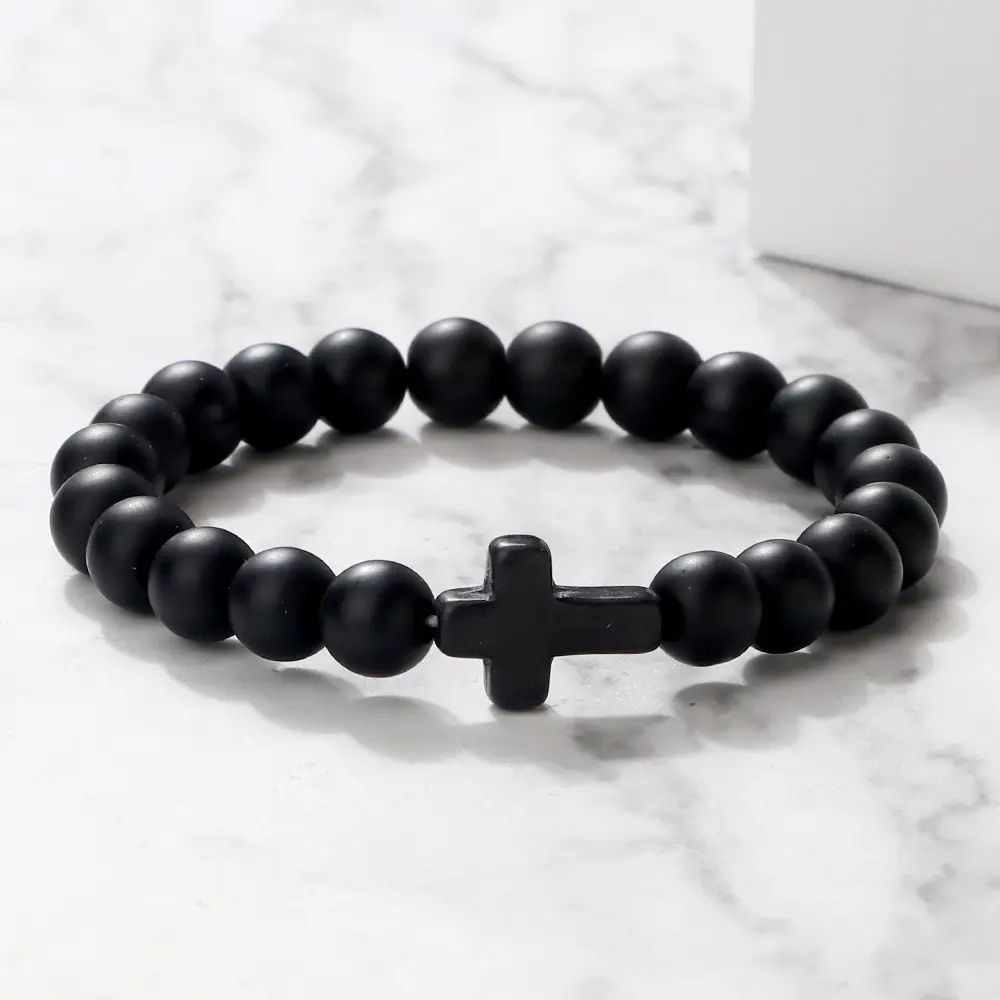 US-LUXURY - Charm Natural Stone Bracelet Cross Black Lava Matte Beaded Bracelets Handmade Men Women Prayer Fitness Chain Couple Jewelry Gift