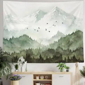 Mountain Forest Tapestry, Misty Foggy Sage Green Tree Landscape Watercolor Art Wall Tapestries, Nature Scenery Tapestry for Bedroom Living Room Backdrop