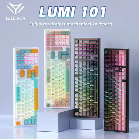 ELECFOX LUMI101 Tri-Mode Wireless Mechanical Keyboard, Hot-Swappable PBT Keys, Full-Size Creamy Design, RGB Backlit, Volume Knob, Cyan/Orange/Blue Options, Gaming & Office Custom Keyboard for PC Home Use