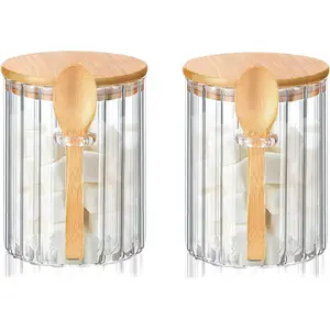 Glass Jar Sugar Container with Bamboo Spoons Lids 16 oz Sugar Bowl Coffee Bar Food Storage Jar Cereal Nuts Salts Coffee Tea Flour Sugar Container Spice（2Pack）