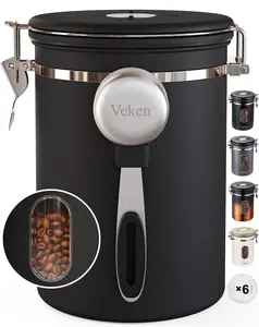 Veken Coffee Canister with Window,Airtight Stainless Steel Container,Home Kitchen Food Storage Organizers for Grounds,Beans,Espresso,Rice,Tea,Sugar,Cereal, Flour,Scoop,Bar Accessories,Gifts,22OZ,Black