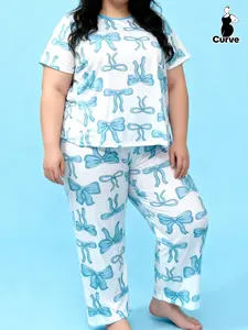 Elegant Bowknot Print Short Sleeve T-Shirt & Long Pants Sleepwear Set, Loose-Fitting Casual Home Wear for Spring & Fall