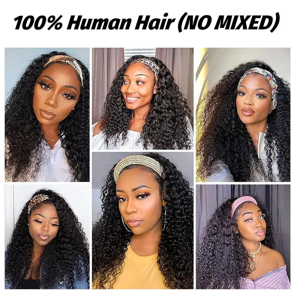 Headband Wig Human Hair Deep Wave 18 inch None Lace Front Wig Human Hair Machine Made Wigs Glueless Curly Hair Headband Half Wigs for Black Women Human Hair Natural Color
