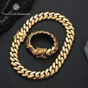 12/14/16/18/20/22mm Golden Width Heavy Mens Chunky Cuban Chain Necklace and Bracelet Set Brass Stainless Steel Miami Jewelry Hip Hop Jewelry Gifts