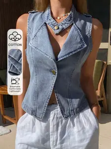 Women's Elegant Sleeveless Light Wash Denim Vest, Breathable Fabric, All-Season Casual Fit, Unique Fashion Design, Versatile Wear