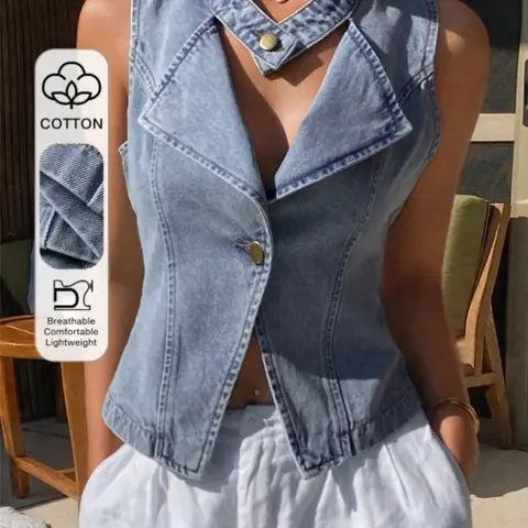 Women's Halter Neck Lapel Denim Vest Top – Breathable Sexy Y2K Fashion Sleeveless Waistcoat for Summer Festivals & Night Out