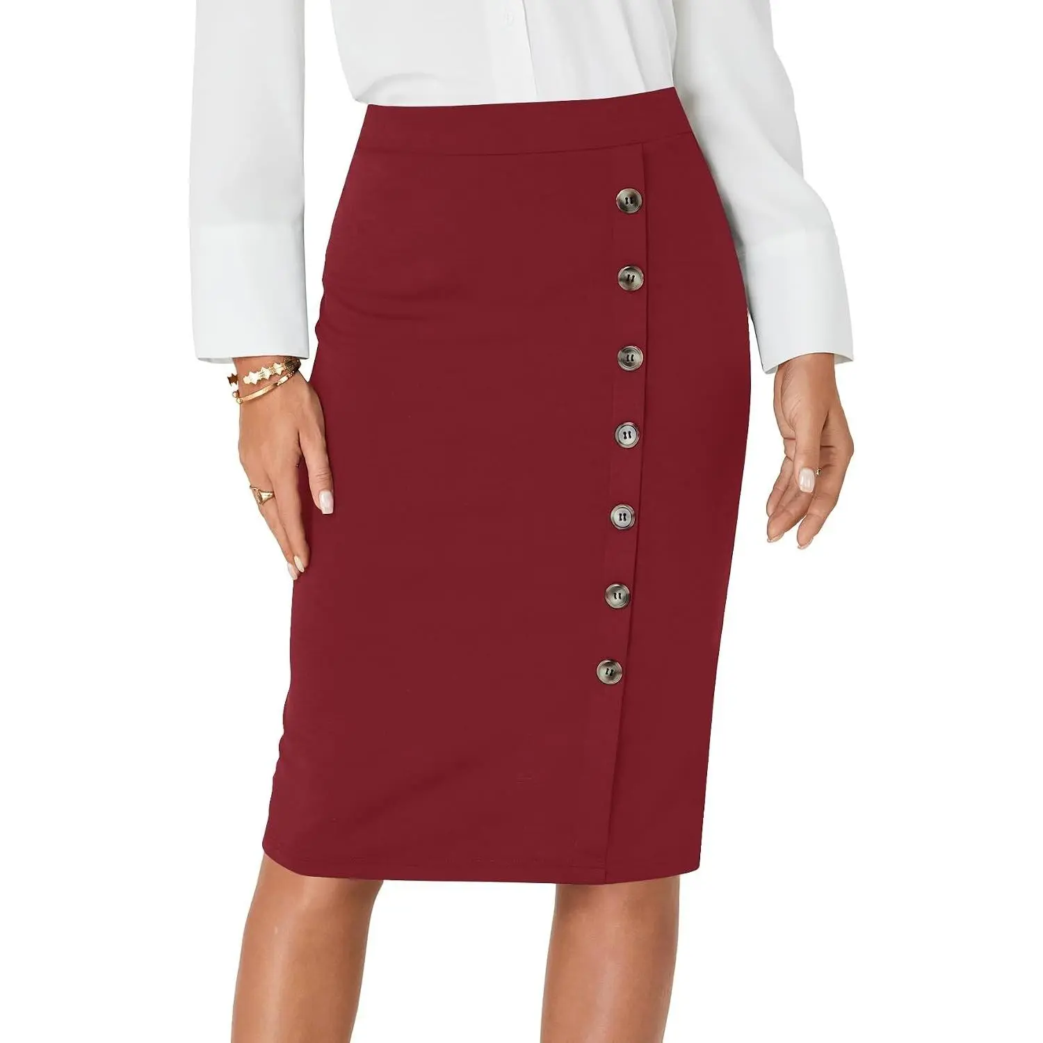 Women's High Waist Button Stretch Pencil Knee Length Straight Midi Skirt for Business Casual