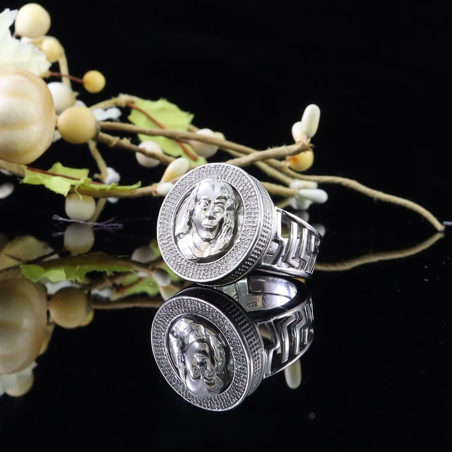 King Of Bling's Men's 0.40CT Silver Diamond White Silver Round Adjustable Ring From SZ 10 to 12