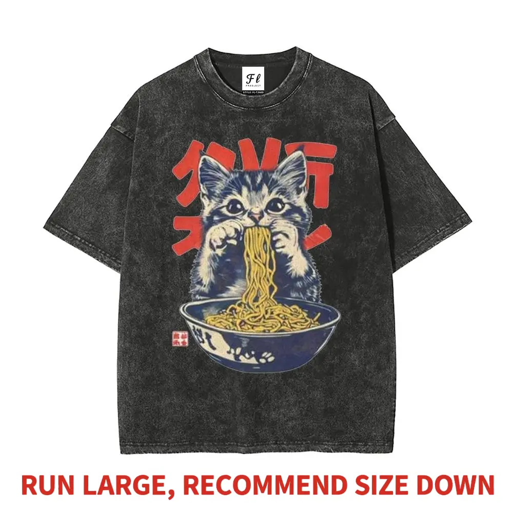 Men's Stylish Oversized Acid Wash Tshirt - Premium Heavyweight Soft Cotton, Shortsleeve, Japanese Kawaii Cat Eating Ramen Graphic, Unisex Menswear, Casual Comfortable Fit, Streetwear Anime DTG Tee