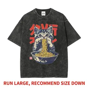 Japanese Kawaii Cat Eating Ramen Graphic Tee Premium Heavyweight Cotton Unisex Oversized Acid Wash Anime DTG T-Shirt