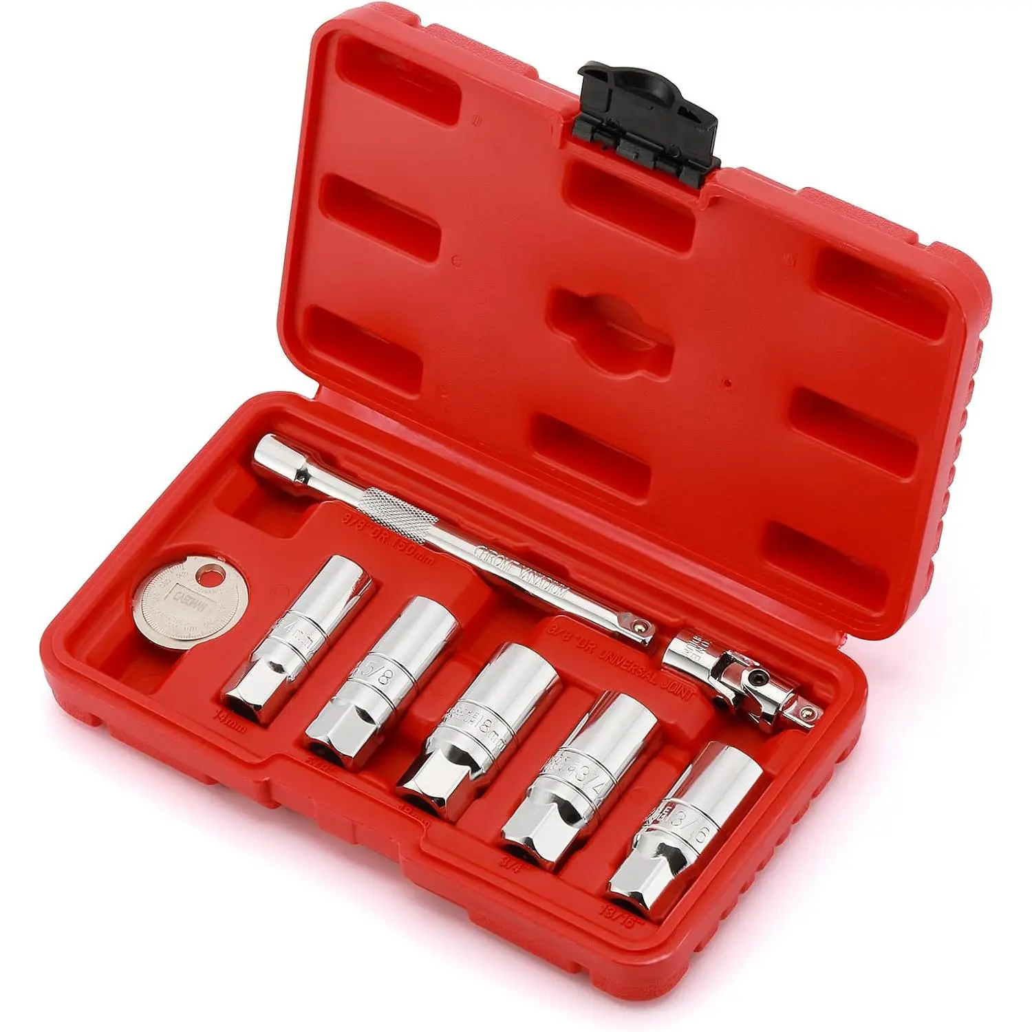 3/8-Inch Drive Spark Plug Socket Set, 6-Point, Include Extension Bar, Universal Joint & Spark Plug Gapper, 8 count Set, CR-V Steel Yifanyou Sports