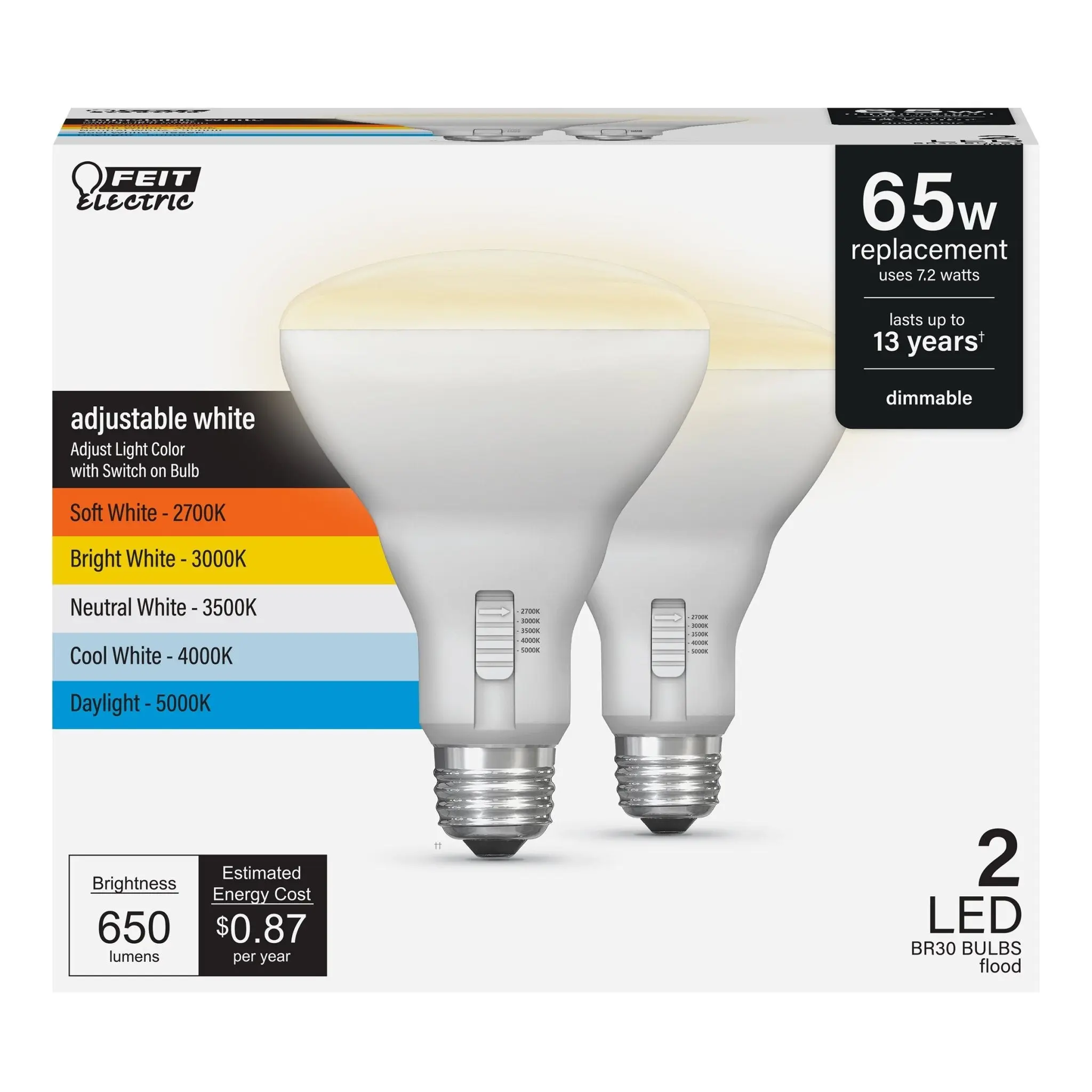 Feit Electric 65 Watt Replacement BR30 Adjustable White E26 Shape Dimmable LED Light Bulb 2 Pack