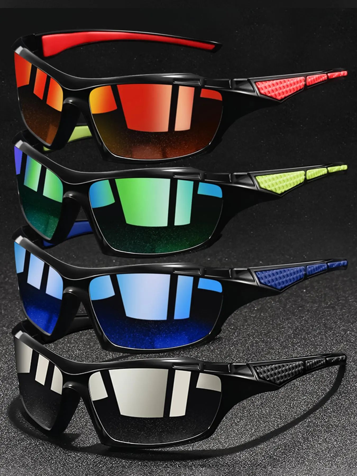 4 pairs of latest model spliced square Fashion Sports Glasses, Fashion Sports Eyewear, variety of color options, classic plaid frame with rubber nose pad, unisex, versatile, suitable for daily & beach wear