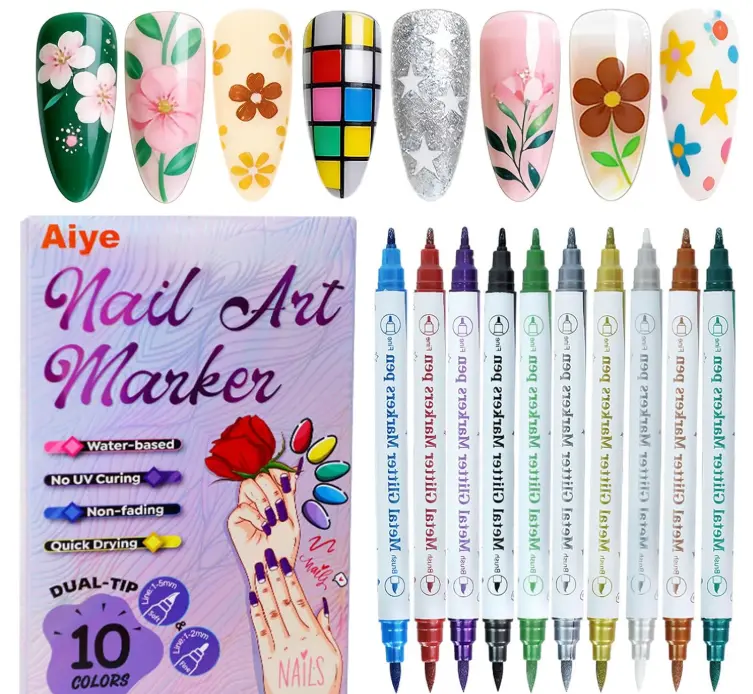 Metallic Nail Art Pens Set Nail Marker Pens for Nail Design Dotting Line Painting for Home & Salon