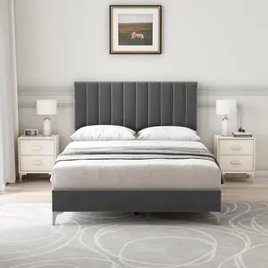 【Christmas Gift】Grey Queen size bed Full Size Platform Bed Frame With Adjustable Velvet Upholstered Headboard, Mattress Foundation With Wooden Slat Support, No Box Spring Needed, Dark Grey