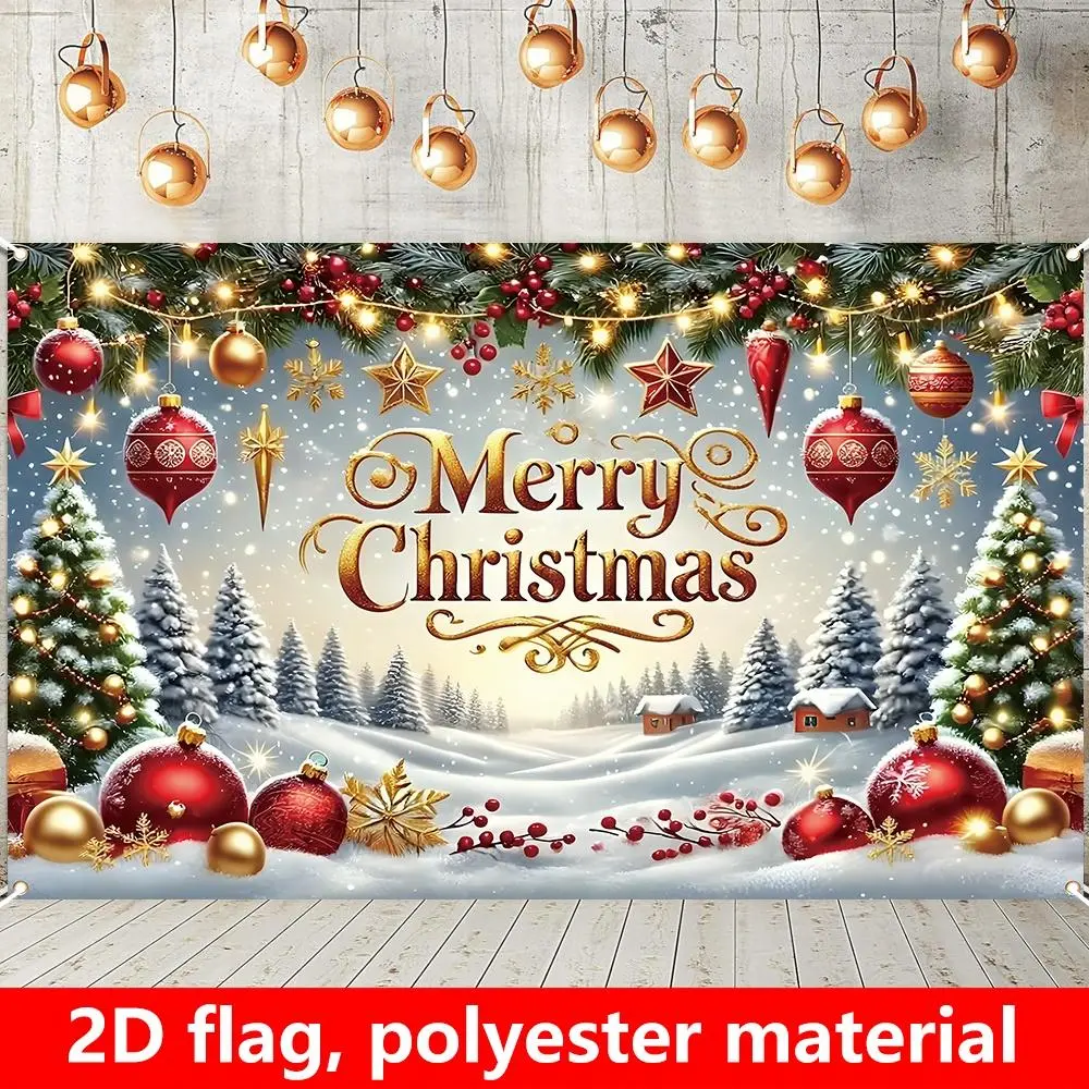 1pc Extra Large 2D Flat Soft Fabric Christmas Party Decoration Flag - Durable Polyester, Golden Merry Christmas Lettering, Snowflakes, Pine Trees, Red Baubles - Indoor Outdoor Holiday Banner for Home, Office