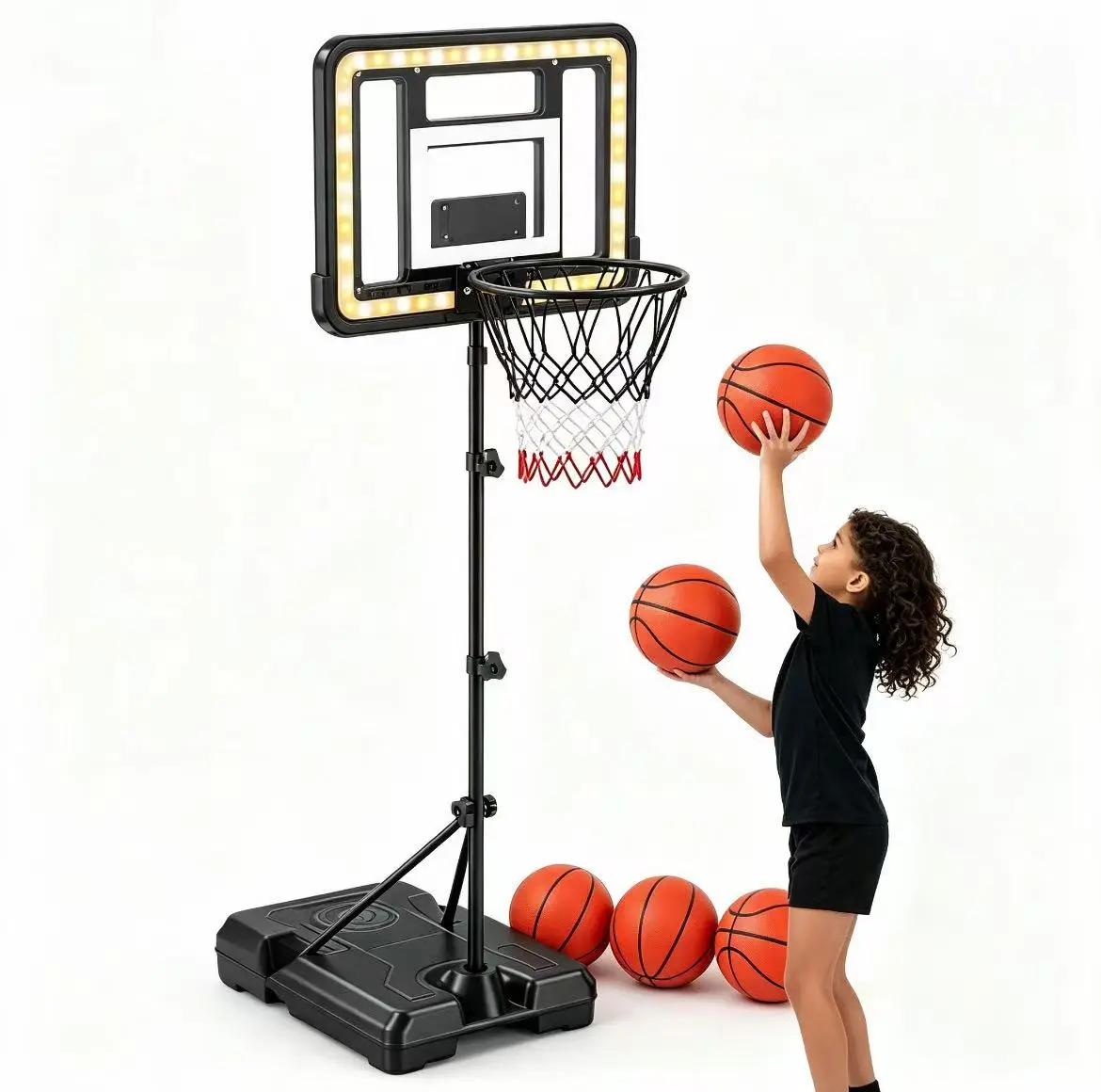 Parent-Child Interactive Indoor Basketball Hoop – Cool Gifts for Kids 3-8 Years, Adjustable Height 2.9ft-5.9ft, LED Scoreboard, Voice System, Wireless Remote Control, Portable Safe Black Sports Toy, Basket Ball Hoop