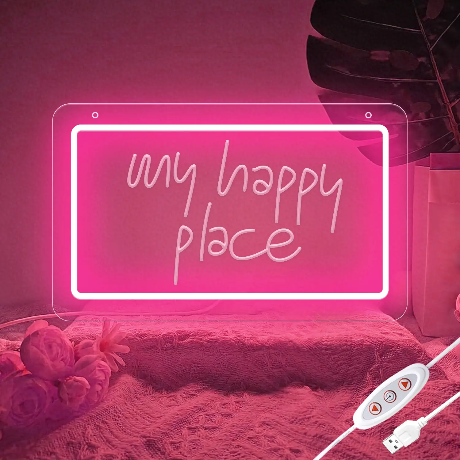 KEYDOORS My Happy Place Pink LED Neon Sign, Dimmable USB-Powered Indoor Decorative Light Sign, Aesthetic Wall Art Gift for Bedroom, Party