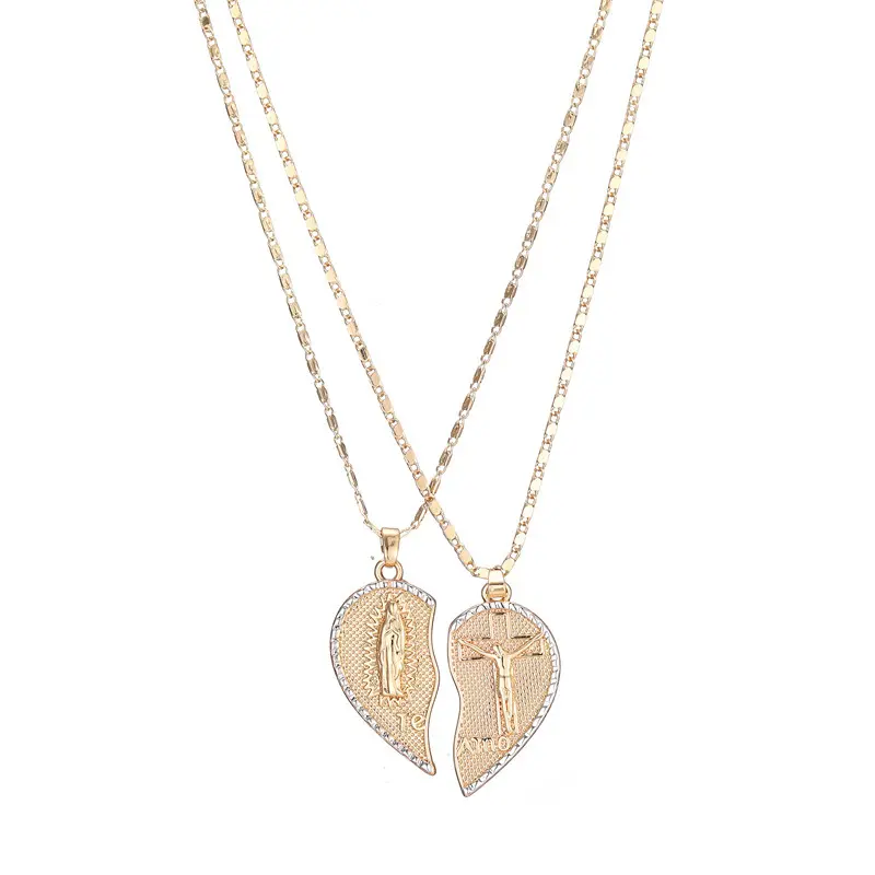 APRIL Virgin Mary Heart Necklace 18K Gold Plated Double Chain Combination Prayer Pendant for Women & Men TE AMO Inscribed Couple Necklace Religious Symbolism Elegant Dual Heart Design 45cm Chain Length soulmate gift catholic religious jewelry