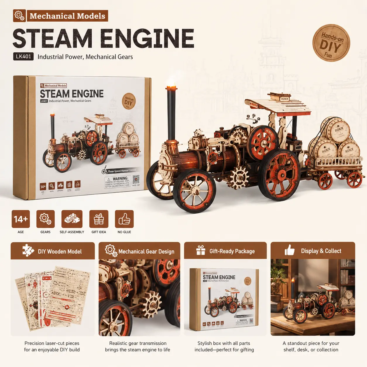【ROKR 】Battery-Powered Steam Engine 3D Wooden Puzzle - Motorized Vintage Model with 3-Speed Control, Trailer, DIY Interactive Desk Decor for Adults, Engineering Enthusiasts, Puzzles