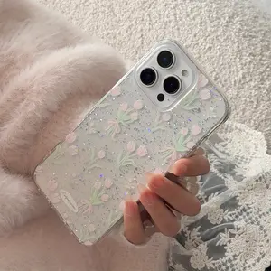 Spring-themed tulip-patterned phone case, elegant pink design, glitter finish and drop protection, compatible with iPhone 17 Promax/16/15/14/13/12/11, made of stylish acrylic material.
